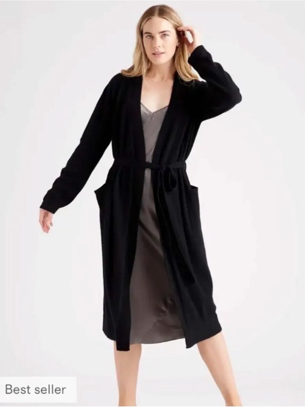 NEW Quince Mongolian Cashmere Black Long Open-Front Belted Cardigan Robe S Small